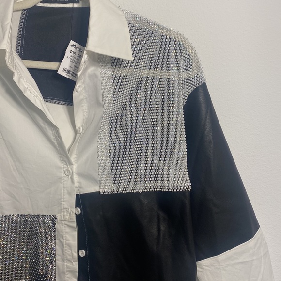 Akira say it again button up blouse with rhinestones and faux leather - Picture 7 of 9